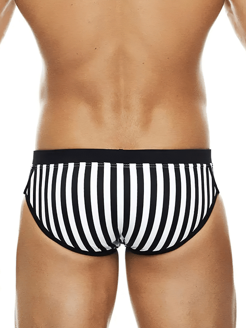 Men's zebra stripe swim briefs - bold black and white, quick-dry for beach or pool comfort.
